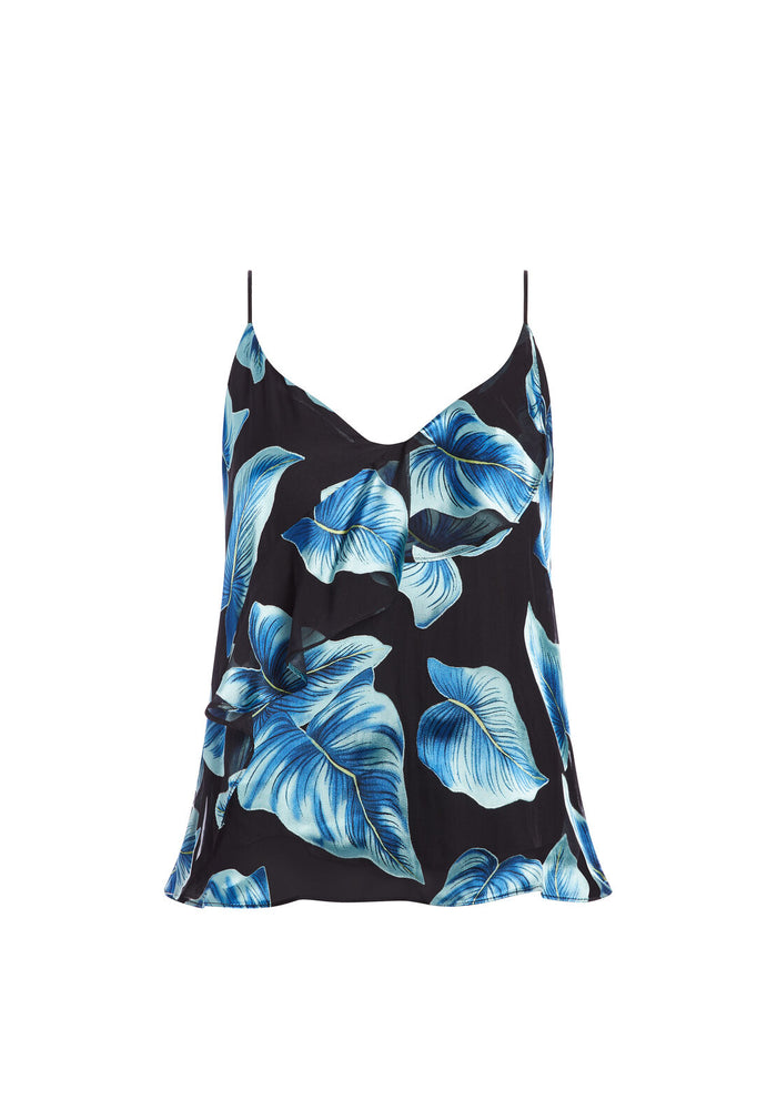 LAVONIA ASYMM DRAPED TANK - PARADISE LEAVES BLK/BLUE