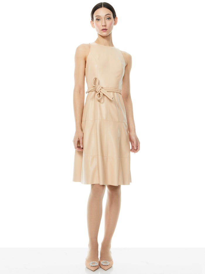 LEANDRA VEGAN LEATHER MIDI DRESS - ALMOND