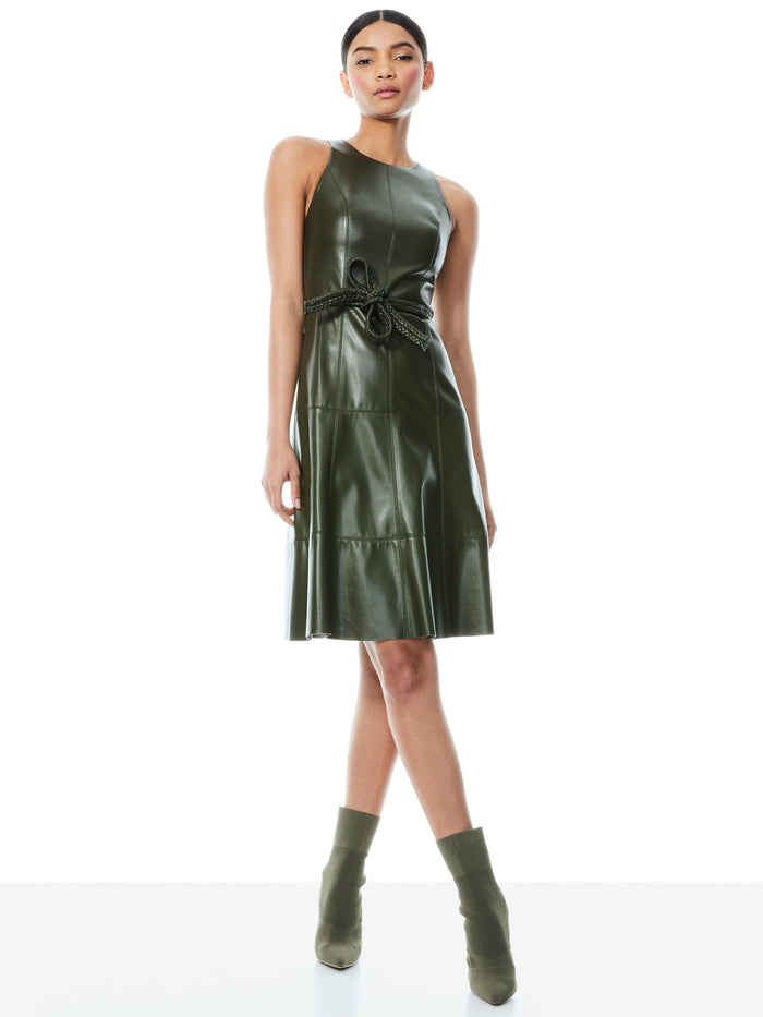LEANDRA VEGAN LEATHER MIDI DRESS - OLIVE