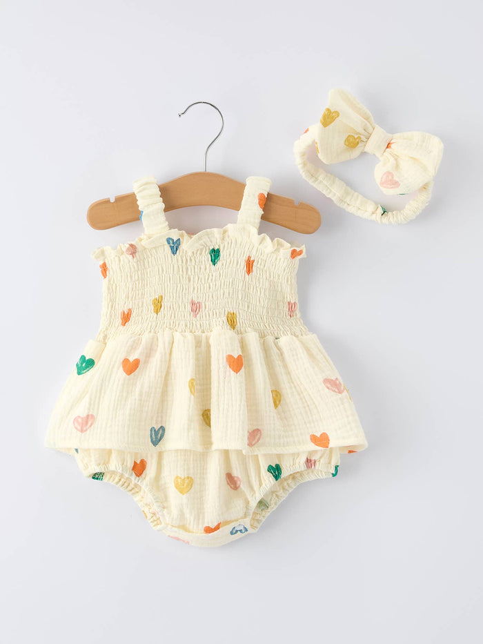 Light Yellow Heart Print Baby Girl Romper Set With Headband