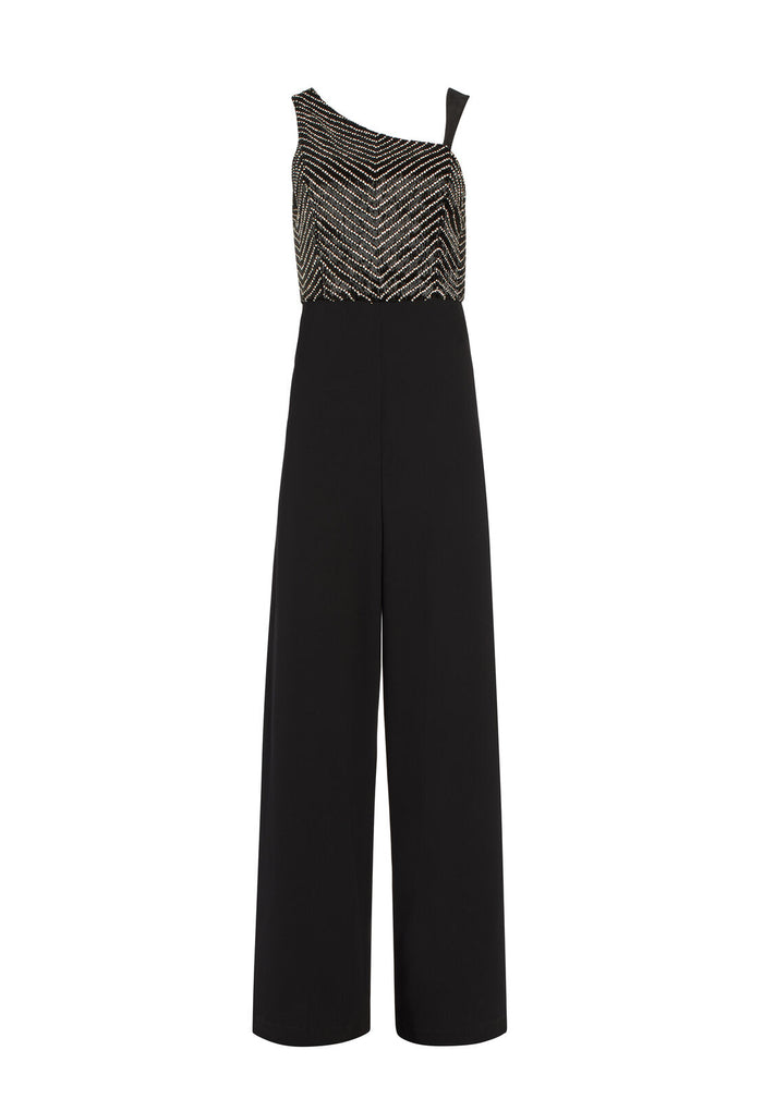 LINA CRYSTAL JUMPSUIT WITH LEATHER - BLACK