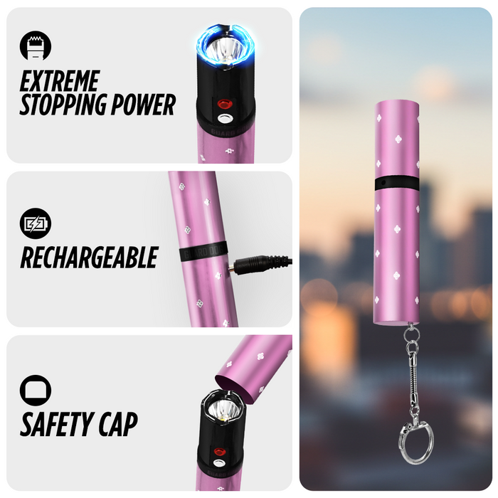 Lipstick-style stun gun held in hand, compact self-defense device with keyring pink with features