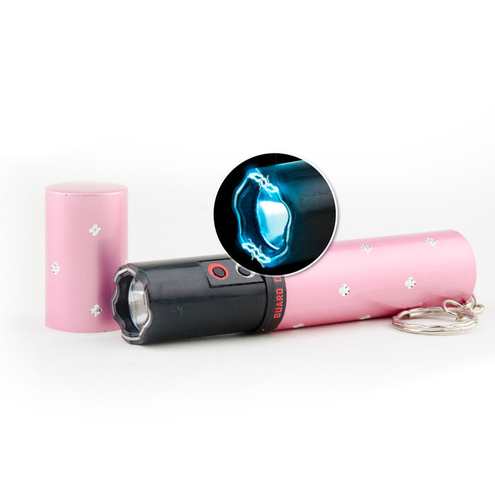 Lipstick-style stun gun compact self-defense device with keyring close up