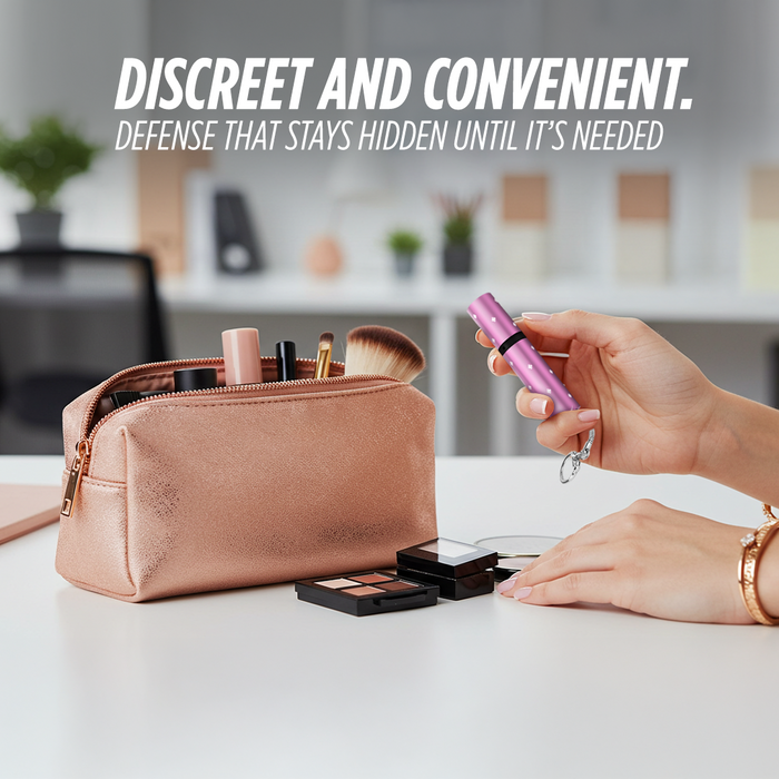 Lipstick-style stun gun held in hand, compact self-defense device with keyring next to makeup bag