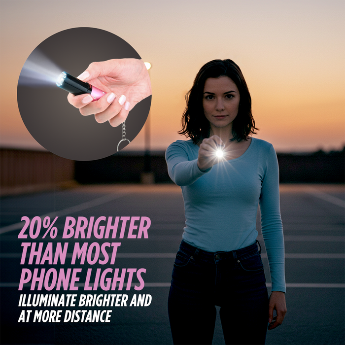 Lipstick-style stun gun held in hand, compact self-defense device with keyring