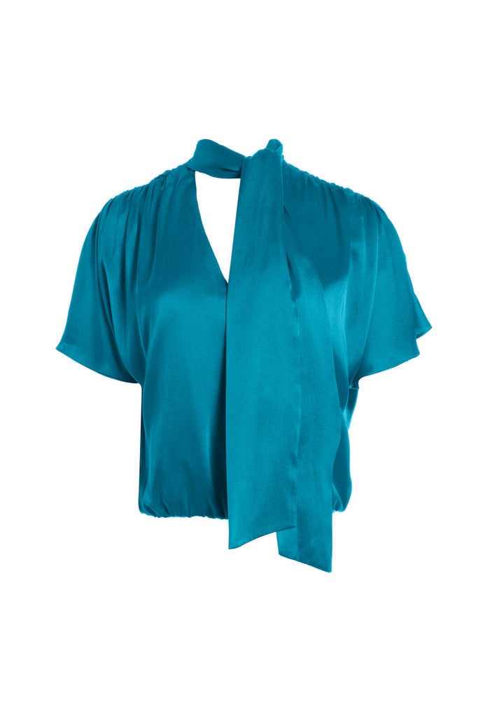LIVVY TIE NECK WRAP TOP - DARK TURQUOISE