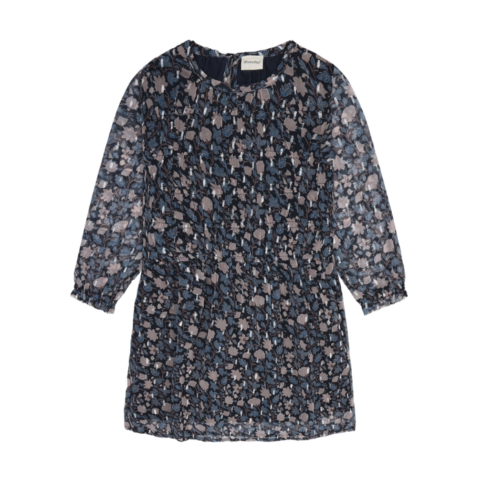 Long Sleeve Floral Dobby Dress- Dark Sapphire
