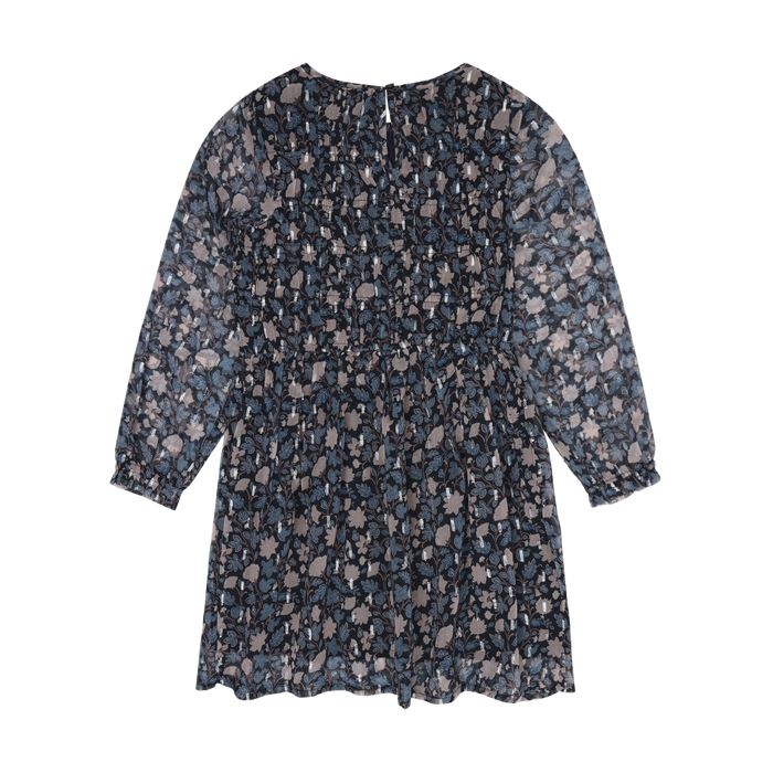 Long Sleeve Floral Dobby Dress- Dark Sapphire