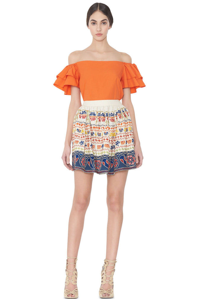 LORYN OFTHSHLDR DBL RFL SLV TP - TANGERINE