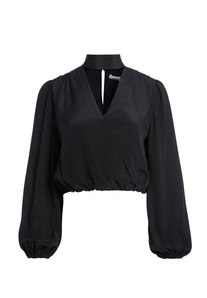 LUBA BLOUSON SLEEVE CROP TOP - BLACK