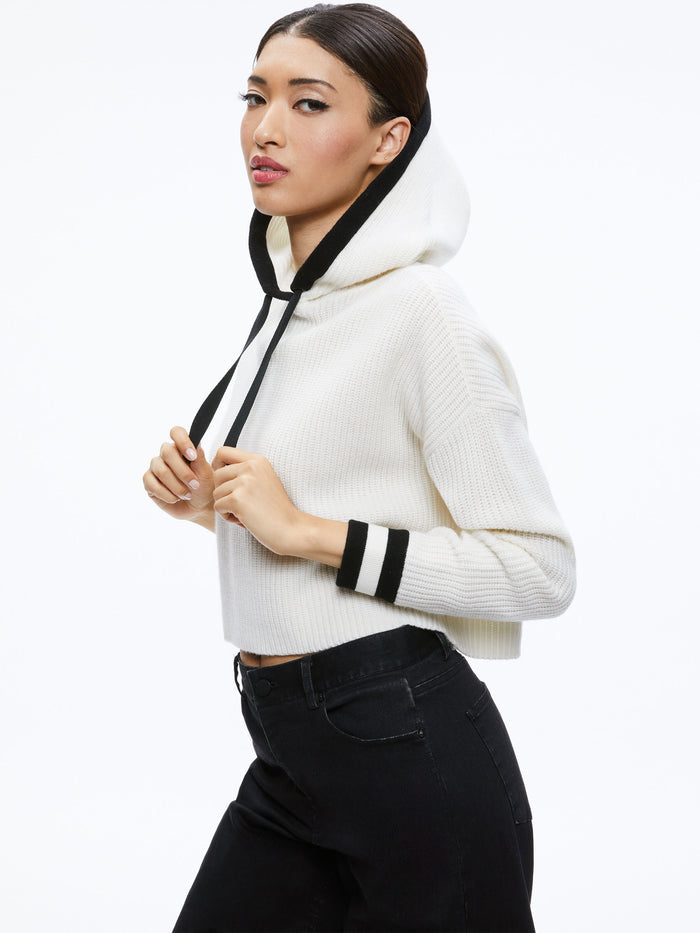LUMI RIBBED KNIT HOODIE - ECRU/BLACK