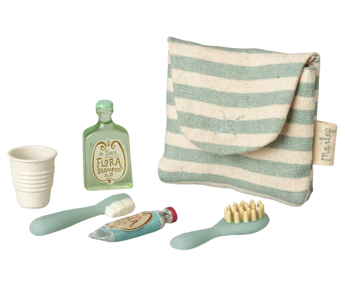 Maileg Toothbrush set in bag, Mouse - Blue Stripe