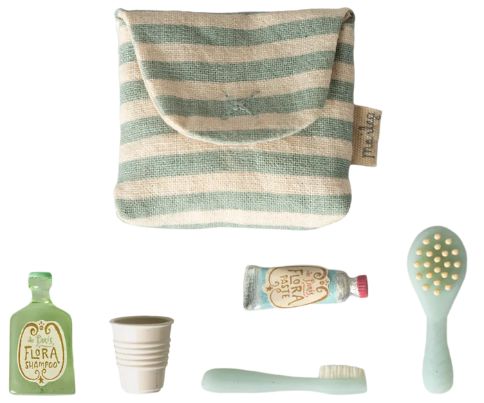 Maileg Toothbrush set in bag, Mouse - Blue Stripe