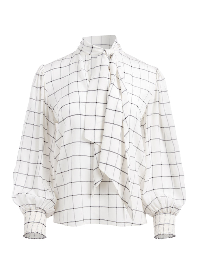 MALLIE TIE NECK BLOUSE - STARDUST WINDOWPANE OFF WHITE