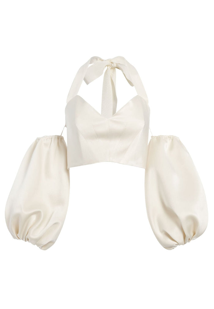 MARI PUFF SLEEVE HALTER TOP - CREAM