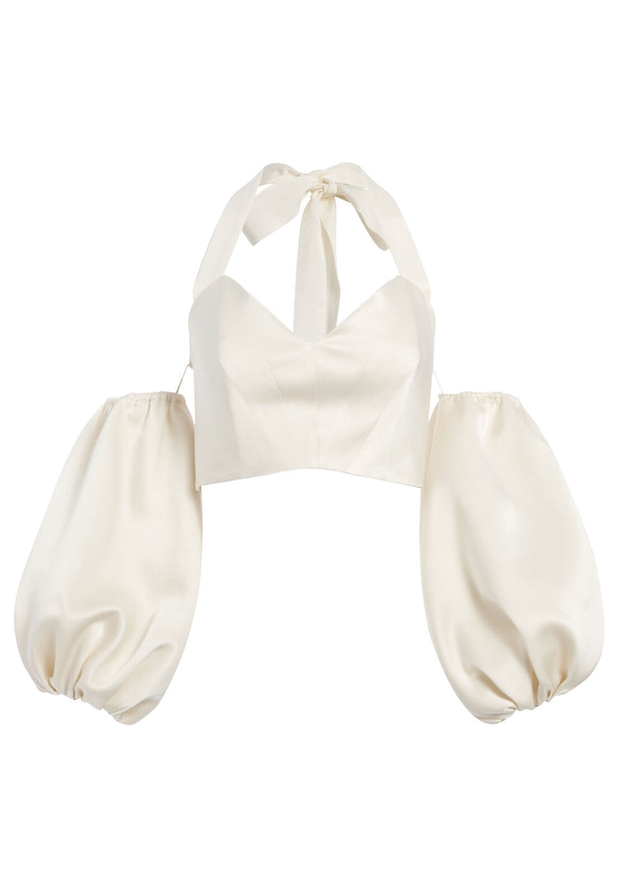 MARI PUFF SLEEVE HALTER TOP - CREAM