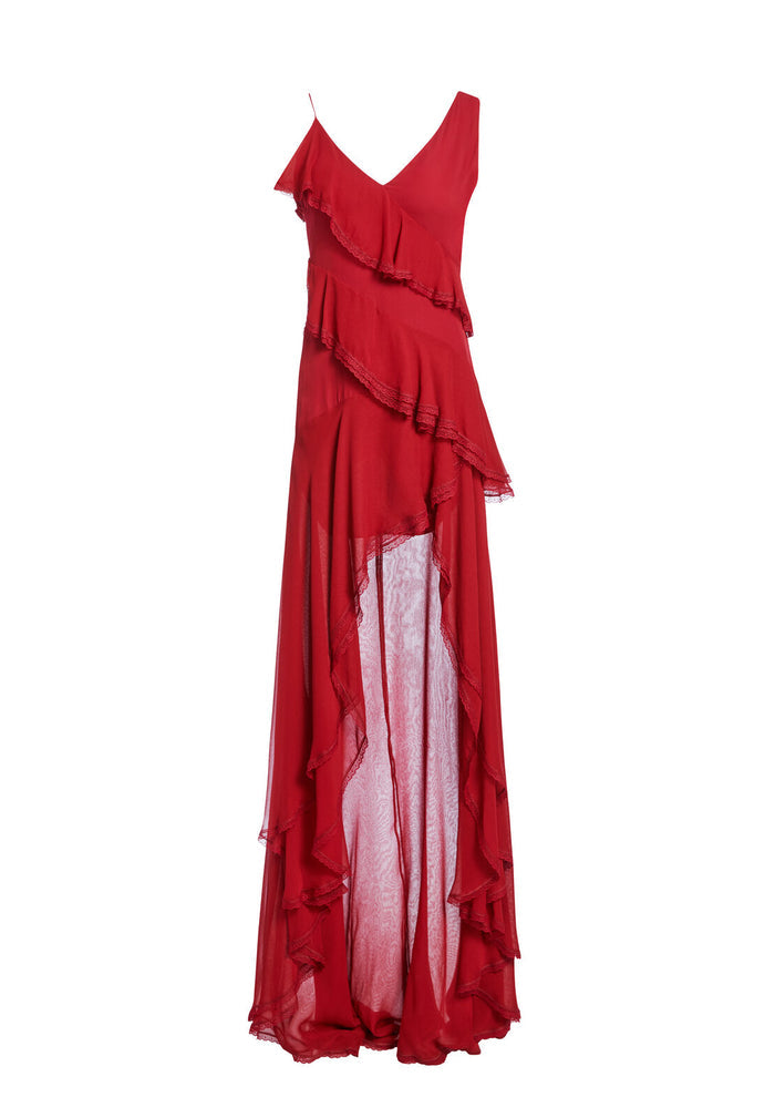 MARIANA HIGH LOW TIERED GOWN - BORDEAUX