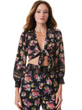 MARLEE BALLOON SLEEVE TIE FRONT CROP TOP - MAGNOLIA FLORAL BLACK/MULTI