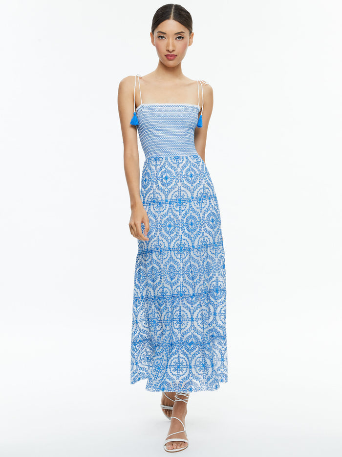 MARNA TIERED MIDI TIE STRAP DRESS - OFF WHITE/FRENCH BLUE