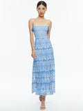 MARNA TIERED MIDI TIE STRAP DRESS - OFF WHITE/FRENCH BLUE