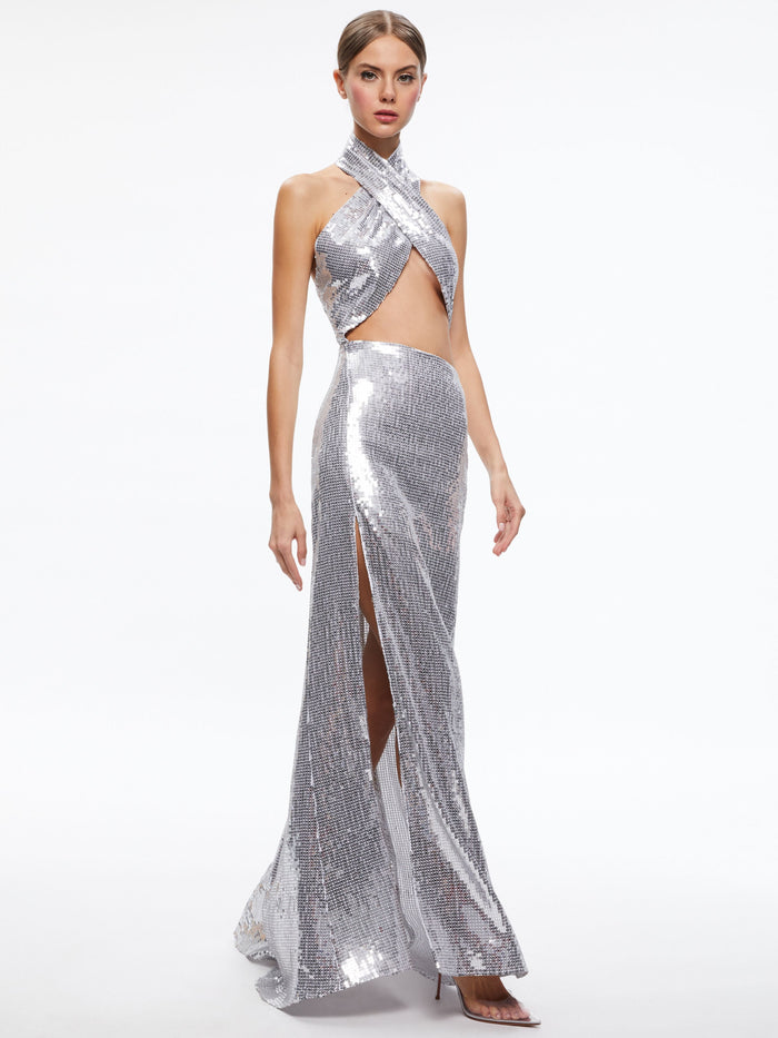 MAY HALTER NECK SEQUIN GOWN - SILVER