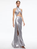 MAY HALTER NECK SEQUIN GOWN - SILVER