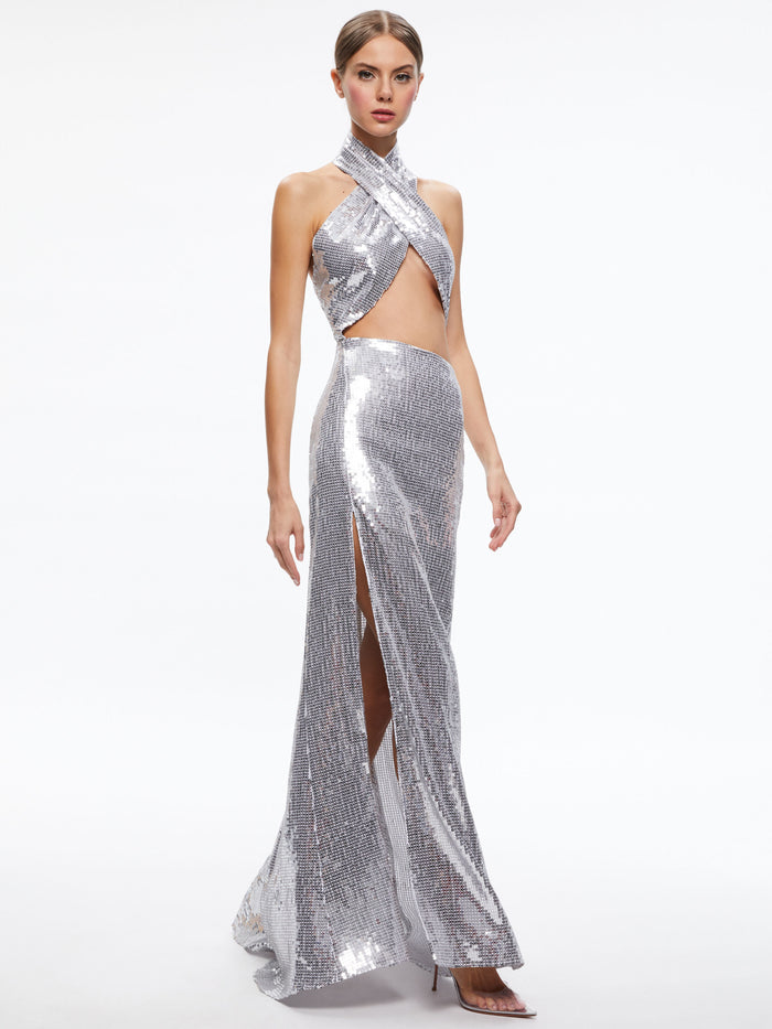 MAY HALTER NECK SEQUIN GOWN - SILVER