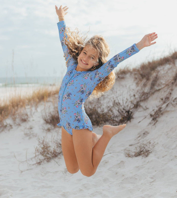 Mia Periwinkle Floral Zip Rash Guard One Piece Swimsuit