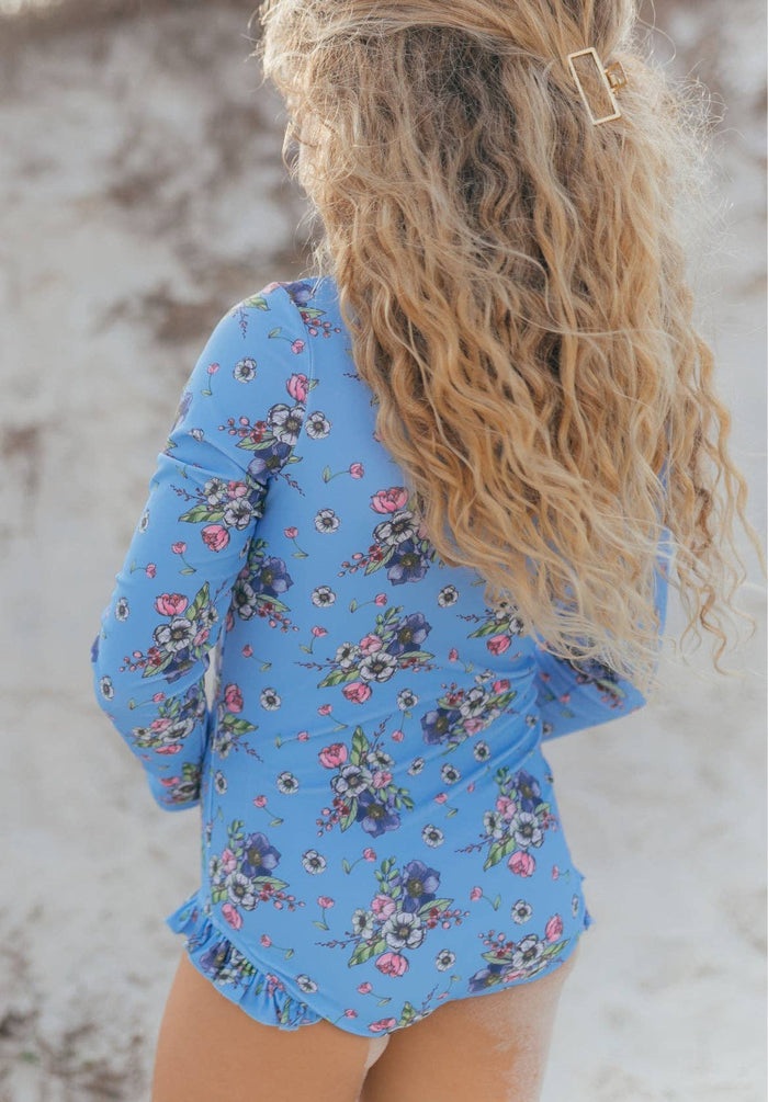 Mia Periwinkle Floral Zip Rash Guard One Piece Swimsuit