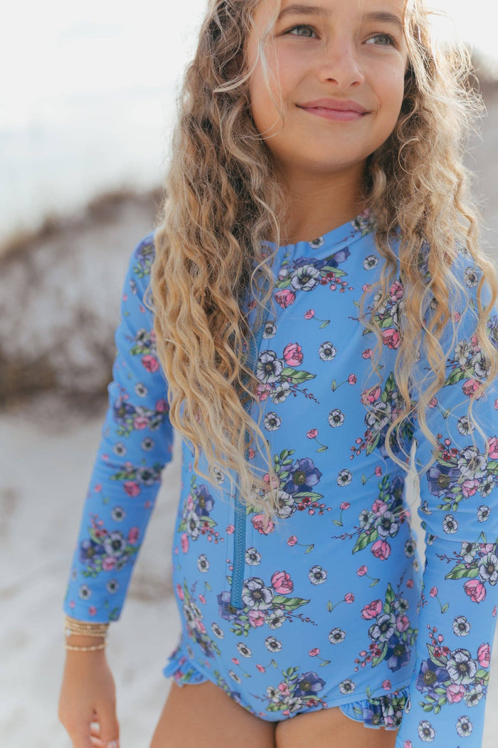 Mia Periwinkle Floral Zip Rash Guard One Piece Swimsuit