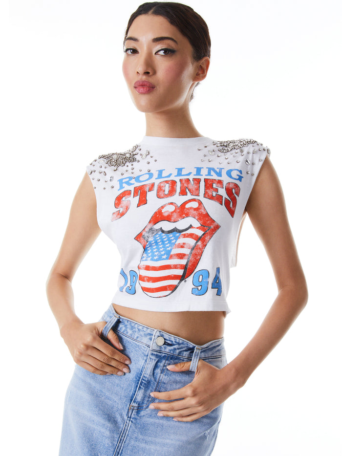 MICAH EMBELLLISHED CROPPED MUSCLE TANK - WHITE/MULTI