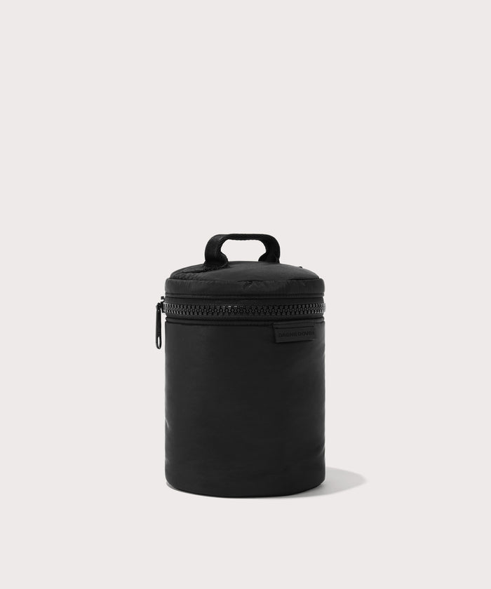 Dagne Dover large Mila Toiletry Pouch in black seen from an angle.