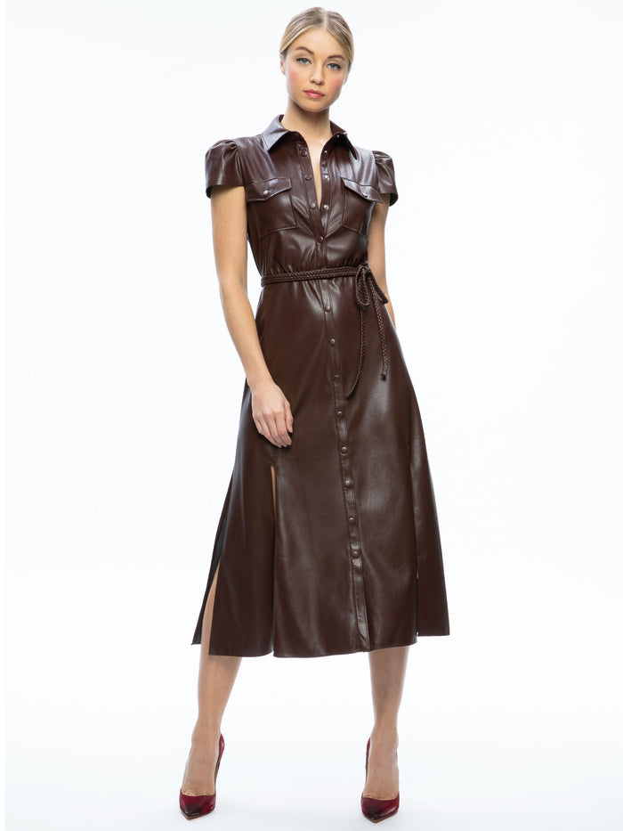 MIRANDA SS MIDI VGN LTHR DRESS - TOFFEE