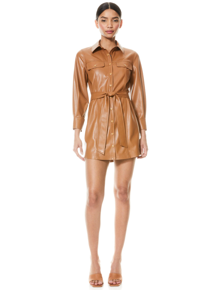 MIRANDA VEGAN TIE WAIST MINI DRESS - CAMEL