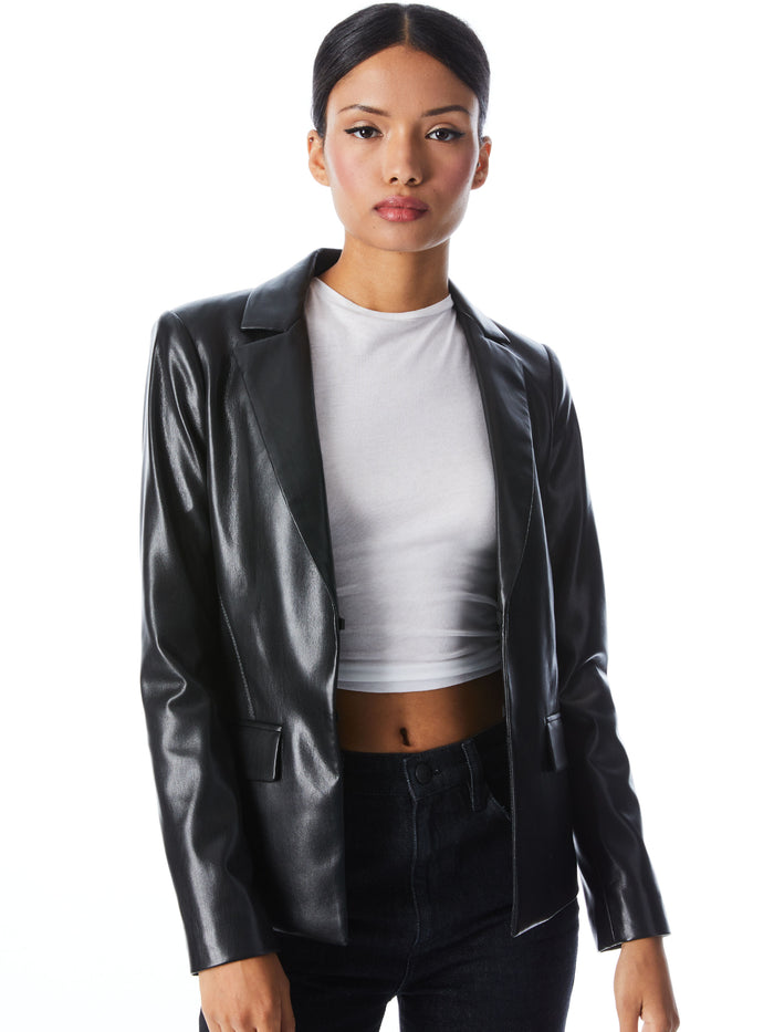 MYA VEGAN LEATHER NOTCH COLLAR BLAZER - BLACK