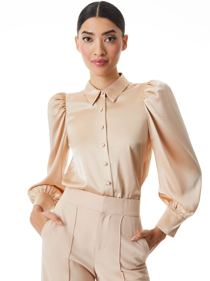NADINE PUFF SLEEVE BUTTON DOWN - ALMOND