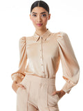 NADINE PUFF SLEEVE BUTTON DOWN - ALMOND