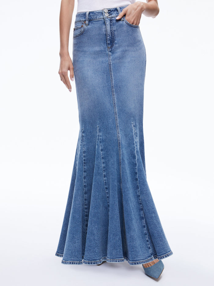 NALA DENIM GODET MAXI SKIRT - AVERY BLUE