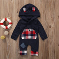 Navy Plaid Front Pocket Baby Hooded Romper