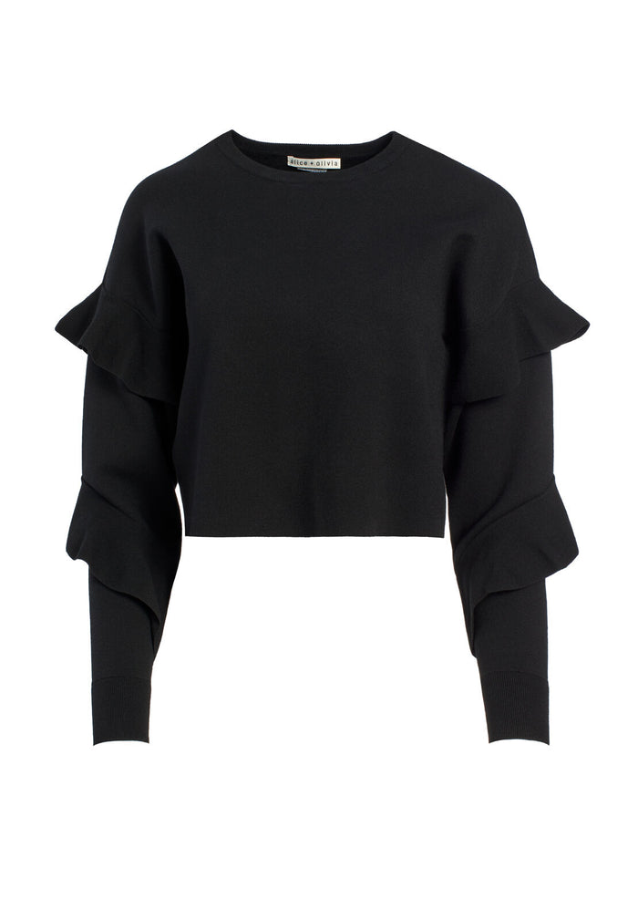 NETTIE RUFFLE SLV CREW NK SWTR - BLACK
