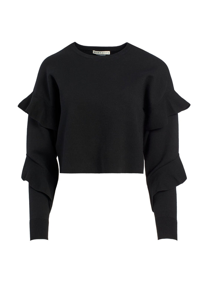 NETTIE RUFFLE SLV CREW NK SWTR - BLACK