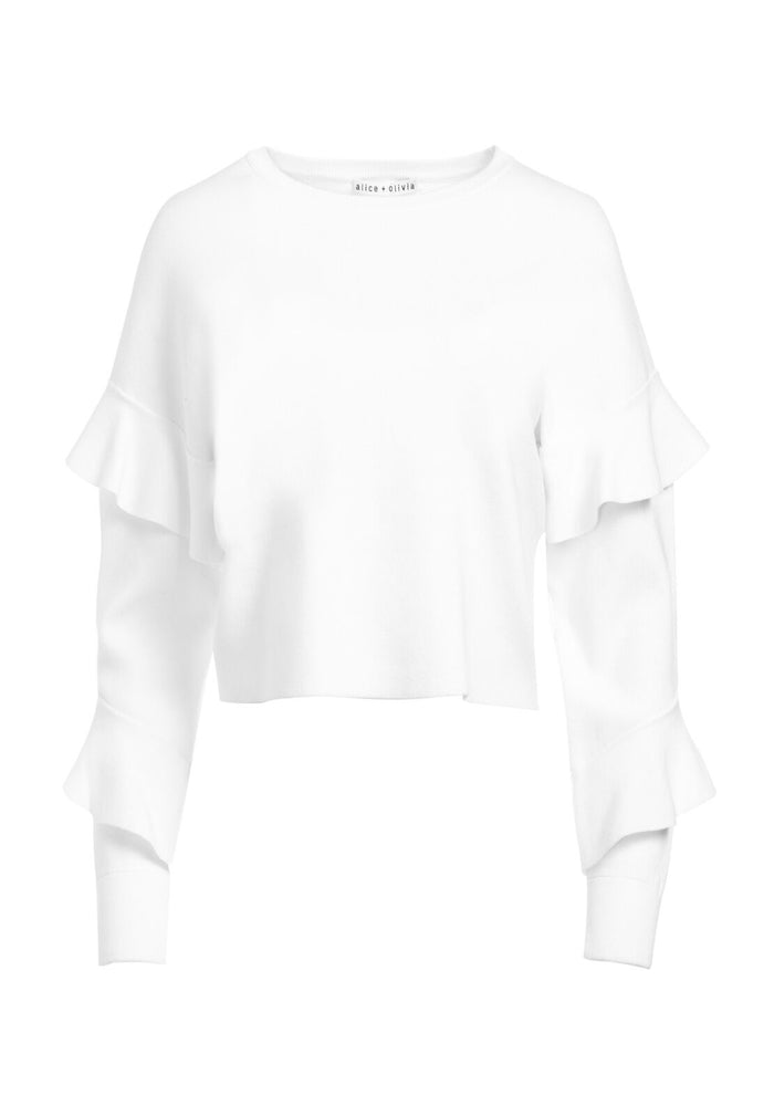 NETTIE RUFFLE SLV CREW NK SWTR - WHITE