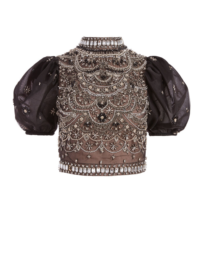 OLINDA MOCK NECK CROP TOP - BLACK/GUNMETAL