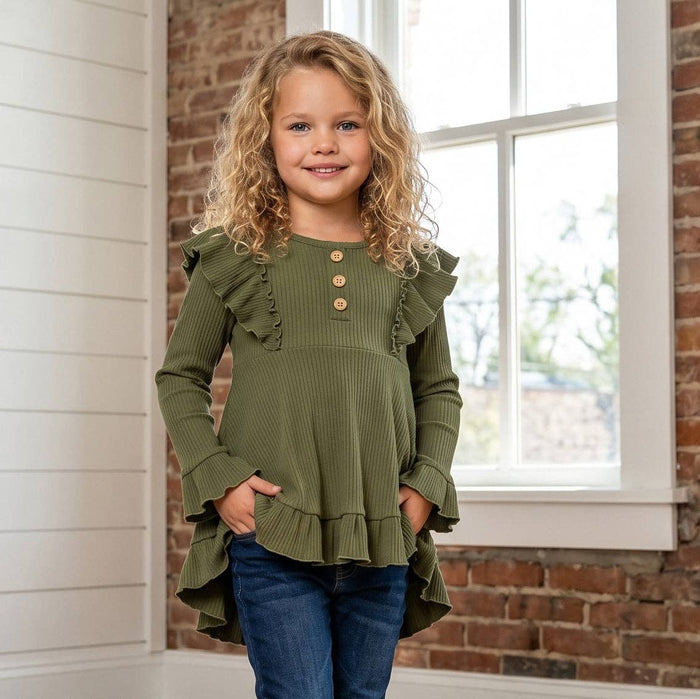 Olive Ribbed Ruffle Shirt
