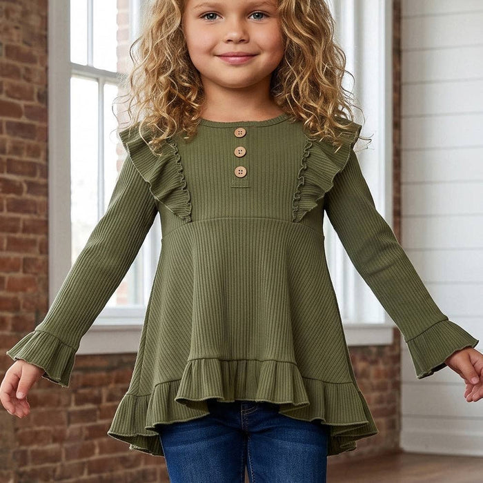 Olive Ribbed Ruffle Shirt