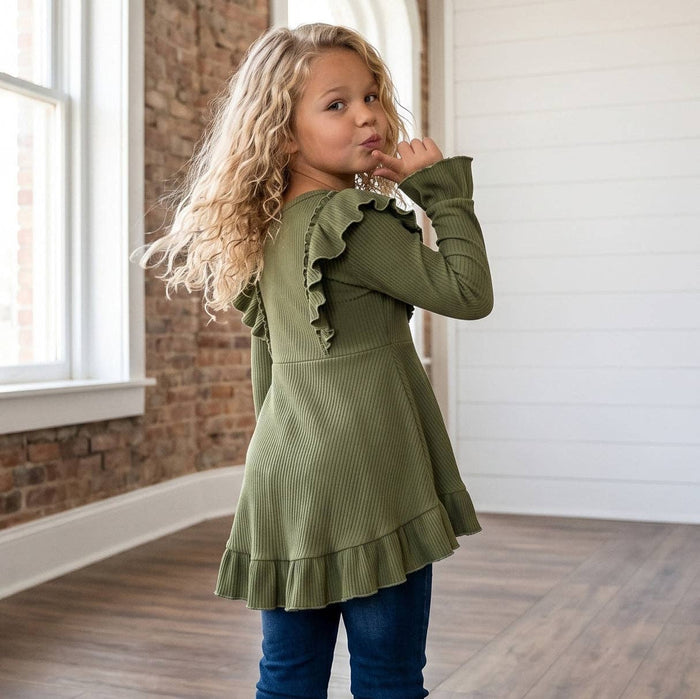 Olive Ribbed Ruffle Shirt