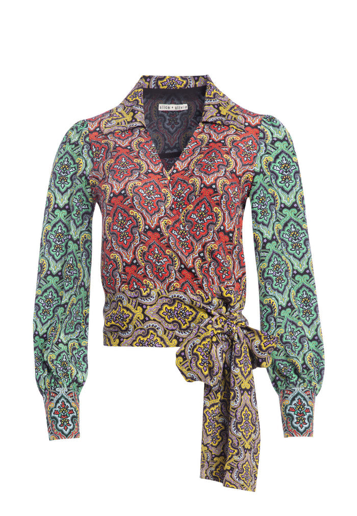 OMEGA BLOUSON SLV WRAP TOP - SM CREST TILE BLK/BRIGHT POPPY