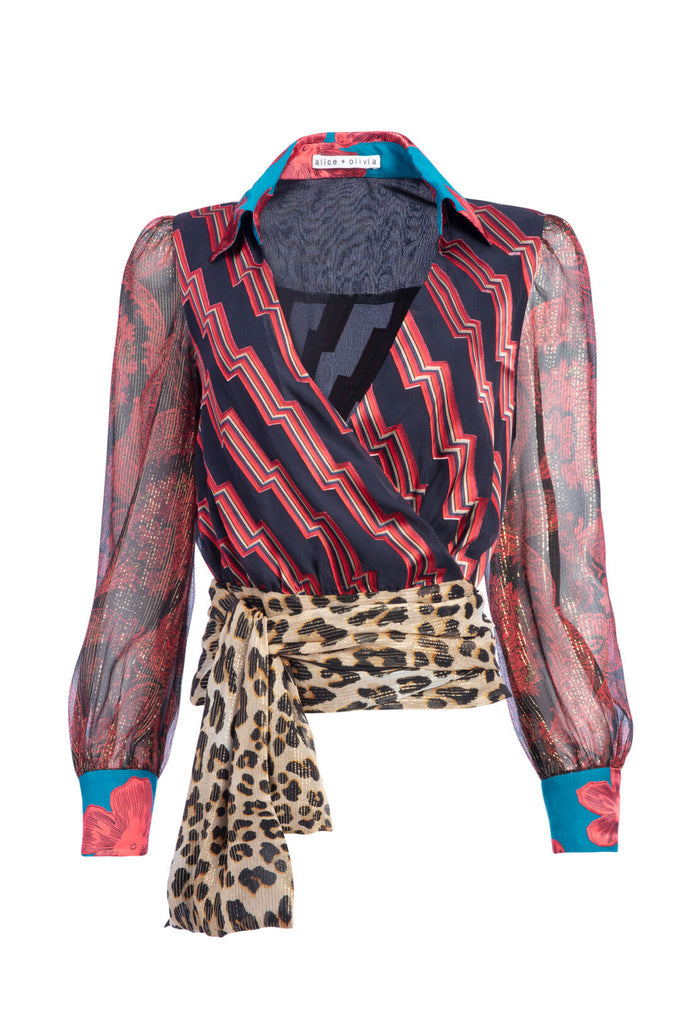 OMEGA BLOUSON SLV WRAP TOP - ZIGZAG STRIPE BLK/MULTI