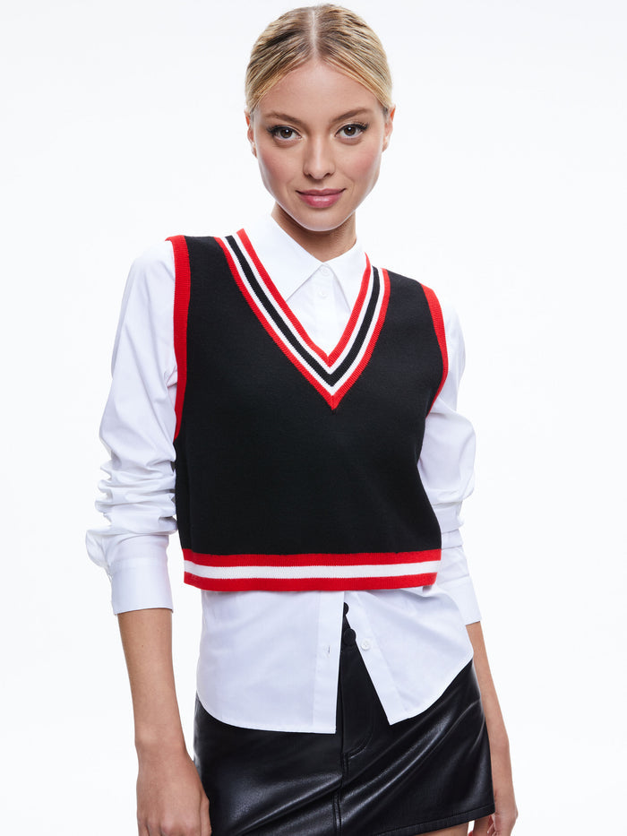 ORLY SWEATER VEST COMBINATION TOP - BLACK/PERFECT RUBY