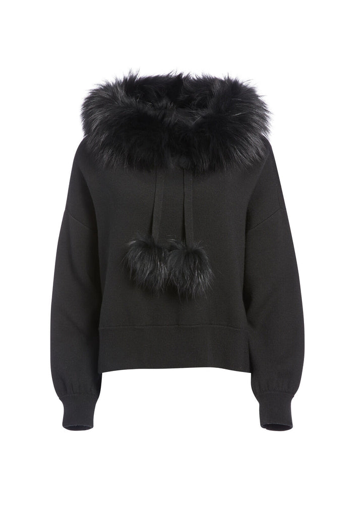 OSCAR FUR TRIM OVERSIZED HOODIE - BLACK